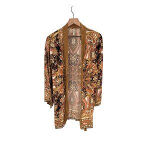 Free People Boho Kimono Jacket Large – Paisley Print with Faux Suede Trim & Belt